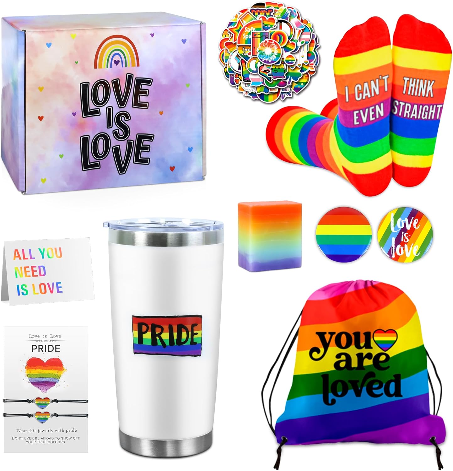 Pride Month Gift Set - Gay Pride Stuff LGBTQ Accessories for Lesbian Gay Bisexual Friend on Birthday Christmas Anniversary Pride Month, Novelty Socks Stickers Tumbler Pride Gifts Christmas Gifts