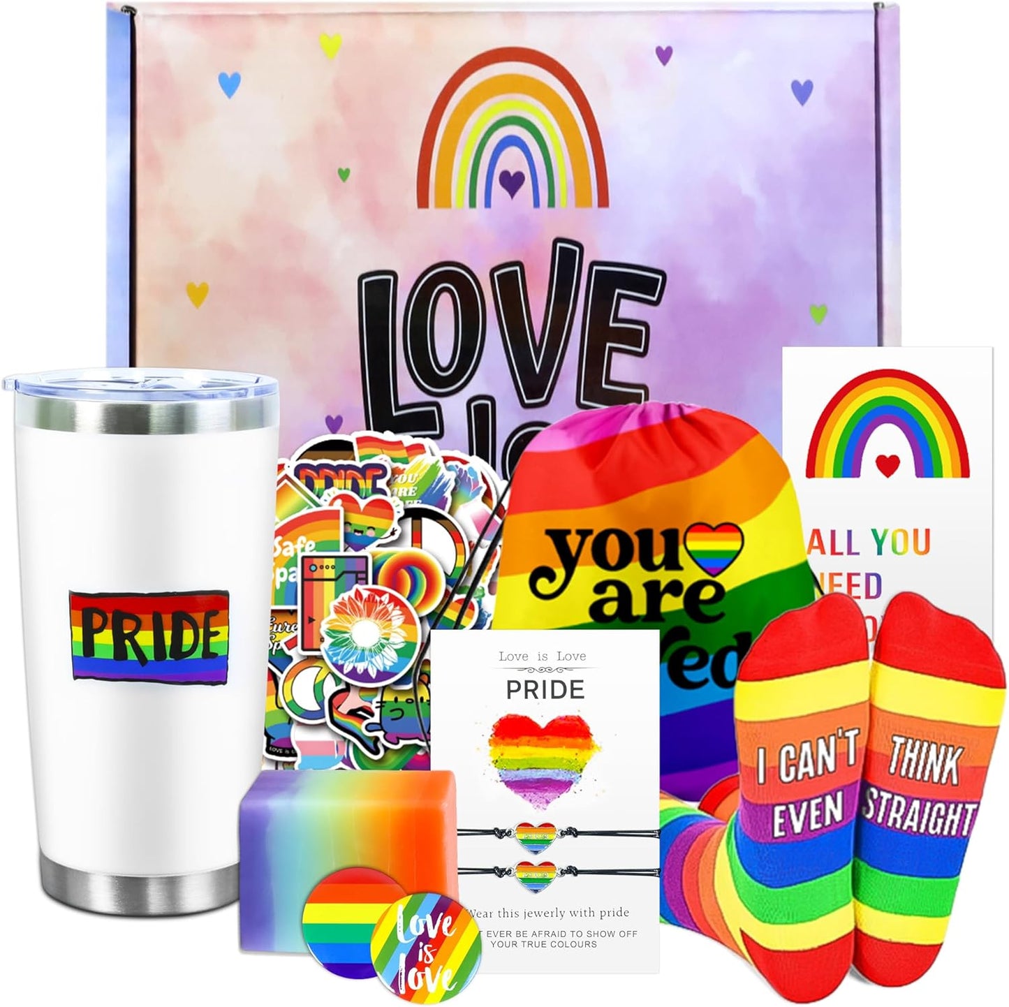 Pride Month Gift Set - Gay Pride Stuff LGBTQ Accessories for Lesbian Gay Bisexual Friend on Birthday Christmas Anniversary Pride Month, Novelty Socks Stickers Tumbler Pride Gifts Christmas Gifts