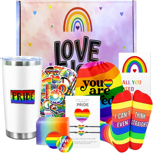 Pride Month Gift Set - Gay Pride Stuff LGBTQ Accessories for Lesbian Gay Bisexual Friend on Birthday Christmas Anniversary Pride Month, Novelty Socks Stickers Tumbler Pride Gifts Christmas Gifts